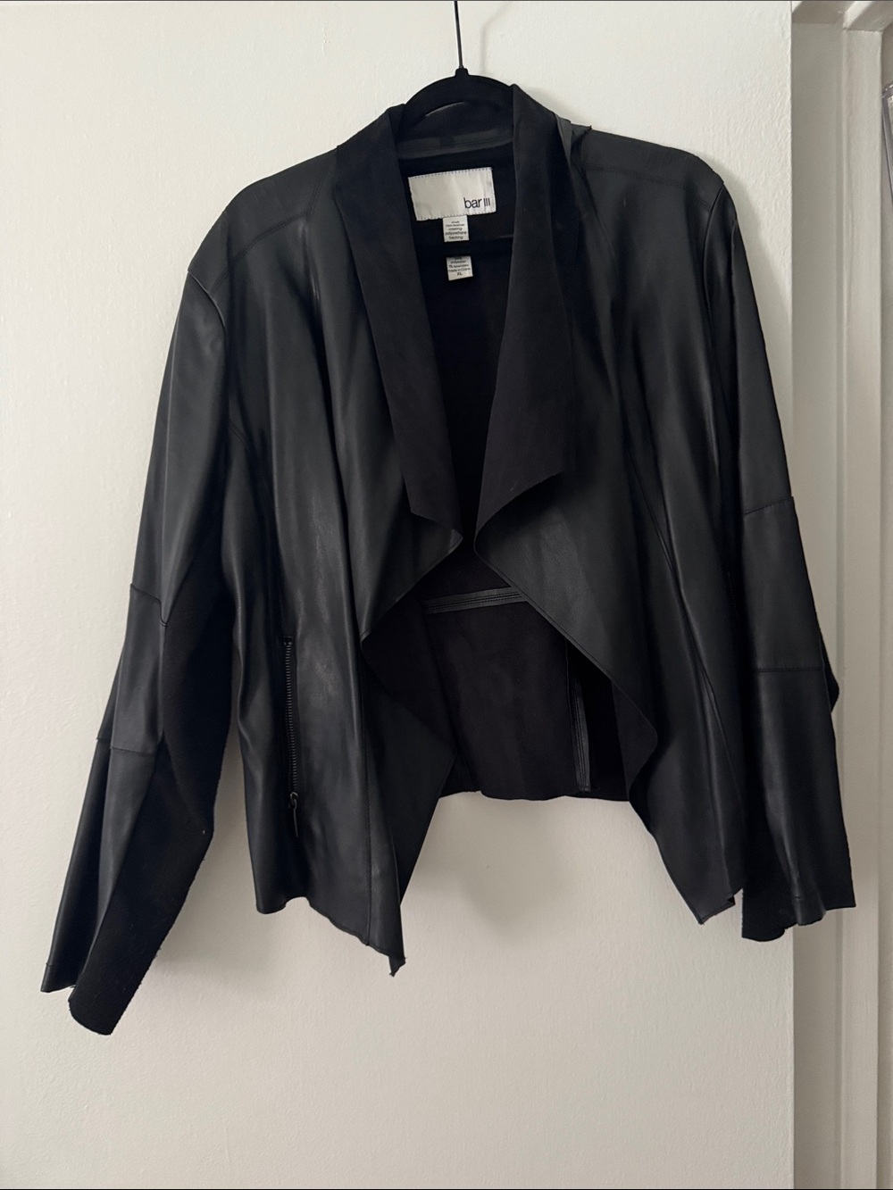 Bar III Black Draped Open-Front Leather Jacket
